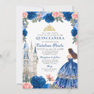 Blue Gold Princess Castle Quinceañera Invitation