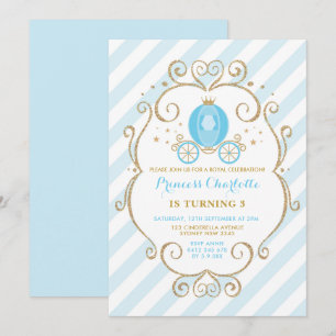 Blue Gold Princess Cinderella Carriage Birthday Invitation