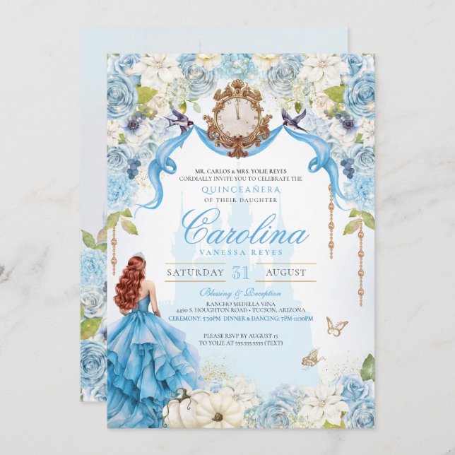 Blue Gold Princess Cinderella Royal Quinceanera Invitation (Front/Back)