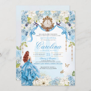 Blue Gold Princess Cinderella Royal Quinceanera Invitation