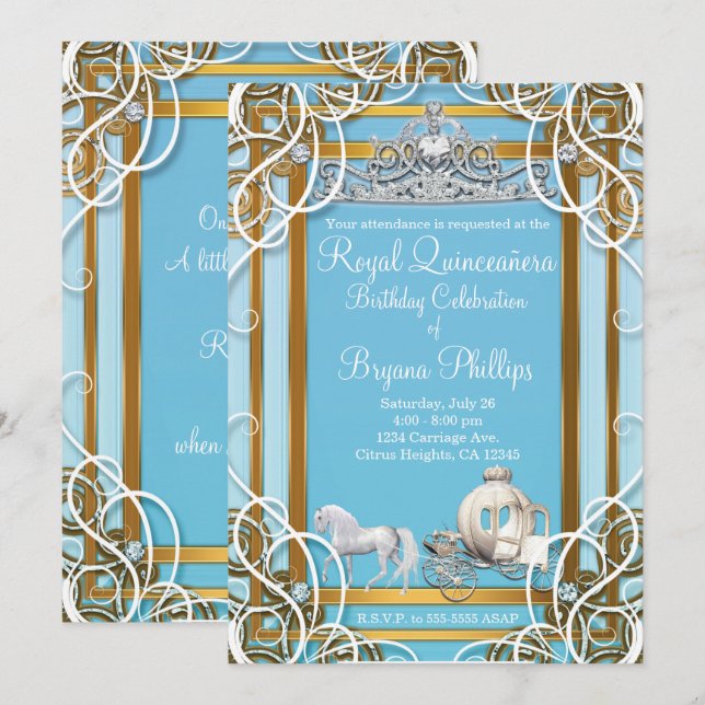Blue Gold Princess Crown & Carriage Quinceañera Invitation (Front/Back)