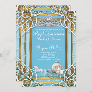 Blue Gold Princess Crown & Carriage Quinceañera Invitation