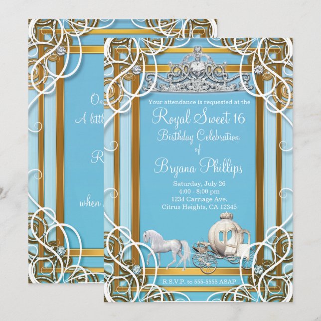 Blue Gold Princess Crown & Carriage Sweet 16 Party Invitation (Front/Back)