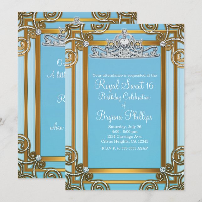 Blue & Gold Princess Crown Tiara Sweet 16 Party Invitation (Front/Back)