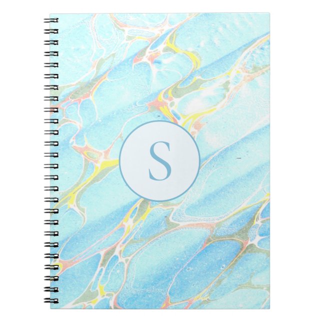 Blue Gold Printed Marble Pattern Custom Monogram Notebook (Front)