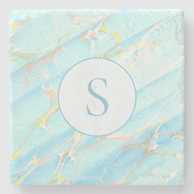 Blue Gold Printed Marble Pattern Custom Monogram Stone Coaster (Front)