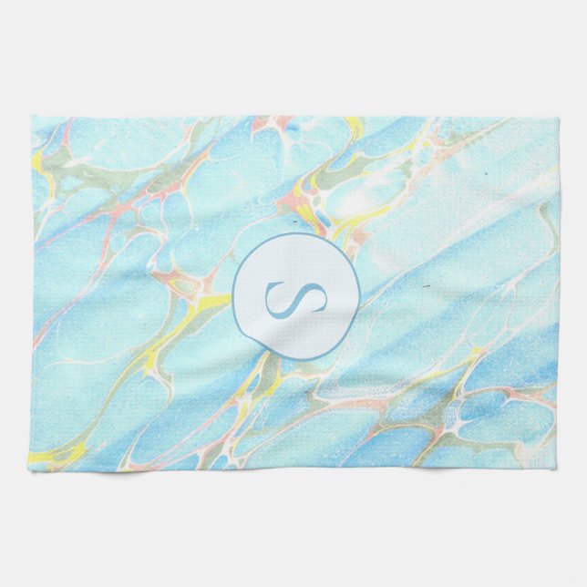 Blue Gold Printed Marble Pattern Custom Monogram Tea Towel (Horizontal)