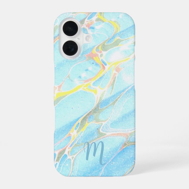 Blue Gold Printed Marble Summer Custom Monogram  iPhone 16 Case (Back)