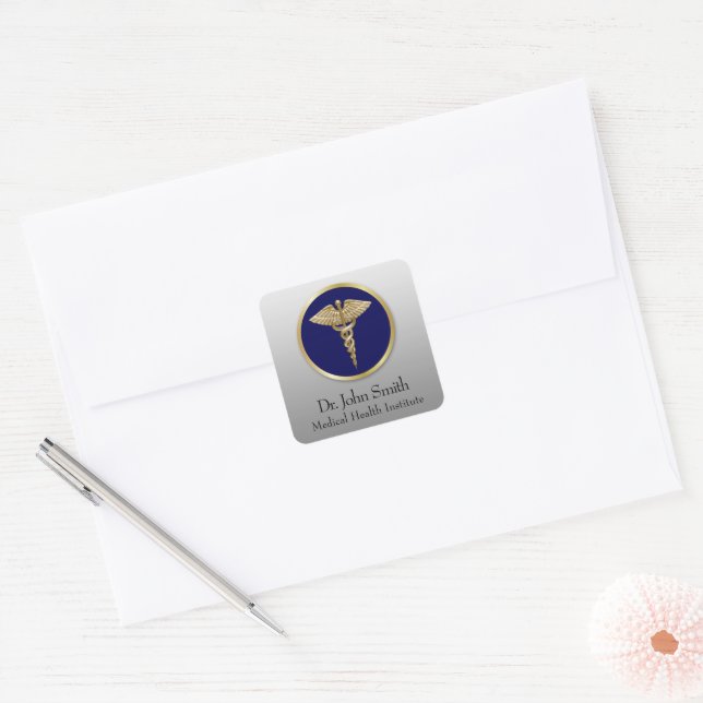 Blue Gold Professional Medical Caduceus Square Sticker (Envelope)