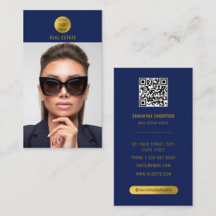 Blue & Gold Professional Photo Real Estate Agent Business Card
