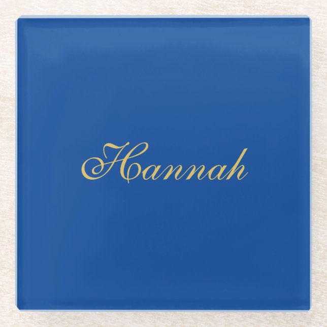 Blue Gold Professional Trendy Minimalist Name Glass Coaster (Front)
