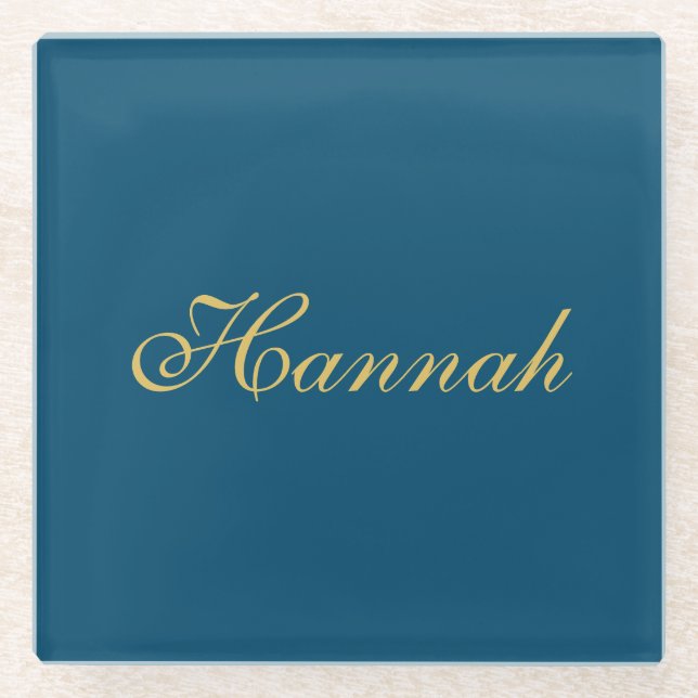 Blue Gold Professional Trendy Minimalist Name Glass Coaster (Front)