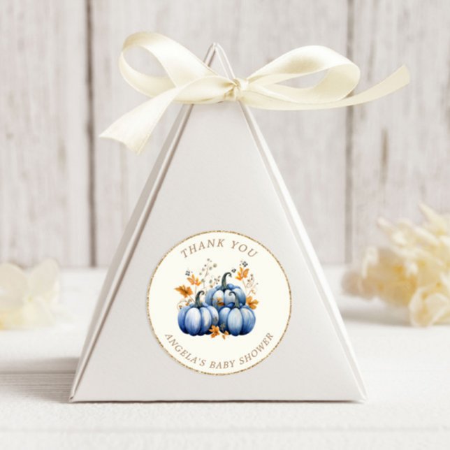 Blue Gold Pumpkin Autumn Baby Shower Classic Round Sticker (Creator Uploaded)