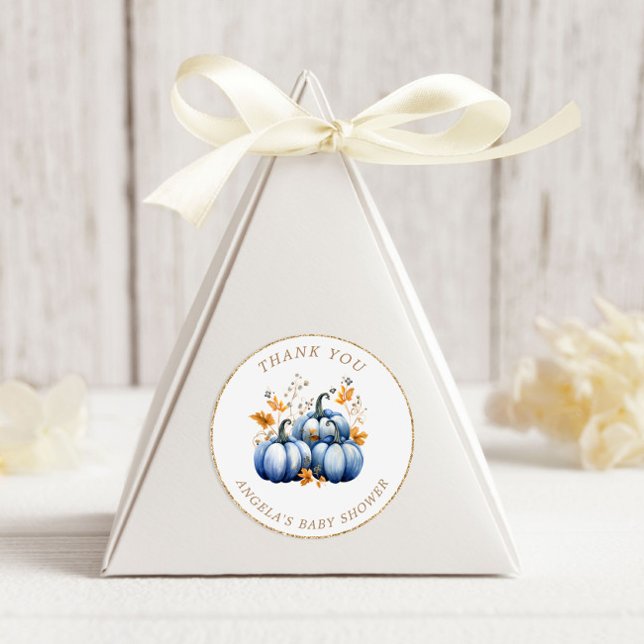 Blue Gold Pumpkin Autumn Baby Shower Classic Round Sticker (Creator Uploaded)