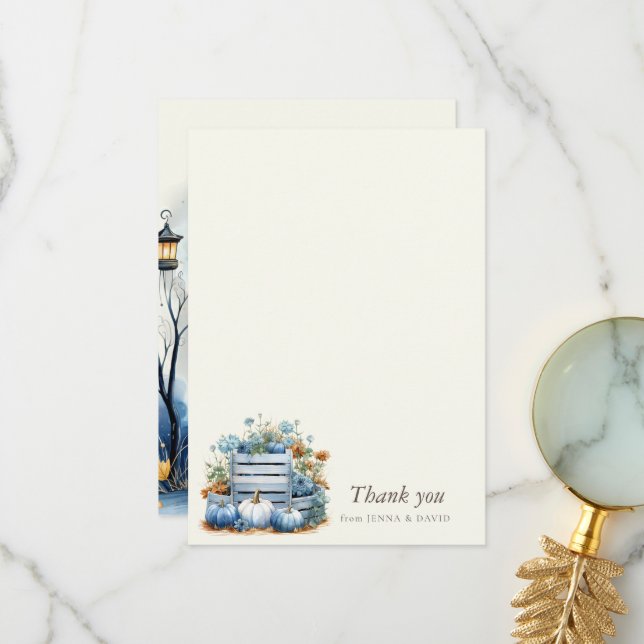 Blue Gold Pumpkin Baby Shower Thank You Card (Front/Back In Situ)