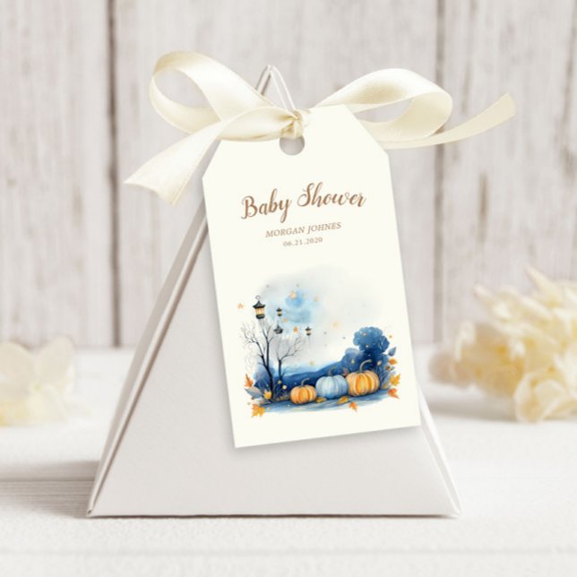 Blue Gold Pumpkin Baby Shower Welcome Gift Tags (Creator Uploaded)