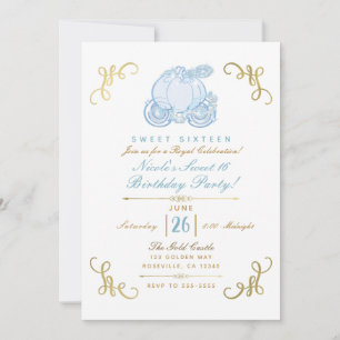 Blue & Gold Pumpkin Carriage Sweet 16 Party Invitation