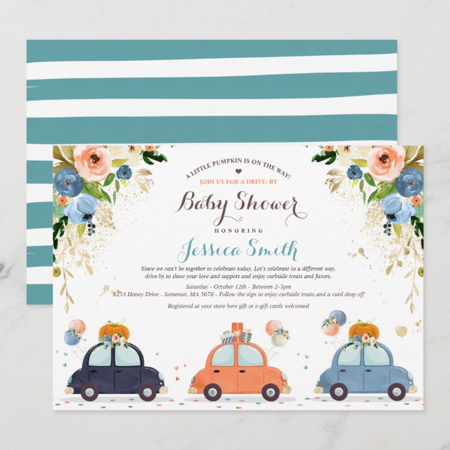 Blue & Gold Pumpkin Drive By Baby Shower Invitation (Front/Back)