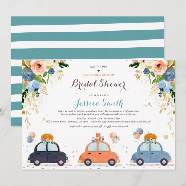 Blue & Gold Pumpkin Drive By Bridal Shower Invitation (Front/Back)