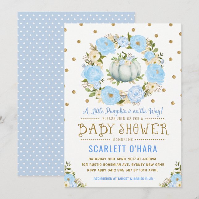 Blue Gold Pumpkin Floral Boy Baby Shower Invitation (Front/Back)