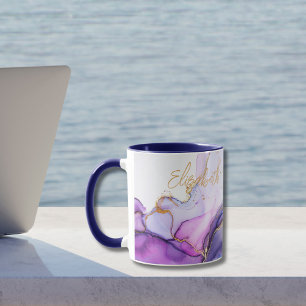 Blue Gold Purple Watercolor Monogram Name Gift Her Mug