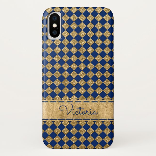 Blue, Gold Quatrefoil Case-Mate iPhone X Case (Back)