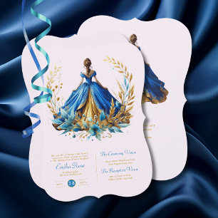 Blue Gold Quinceanera Dress Ceremony Reception     Invitation