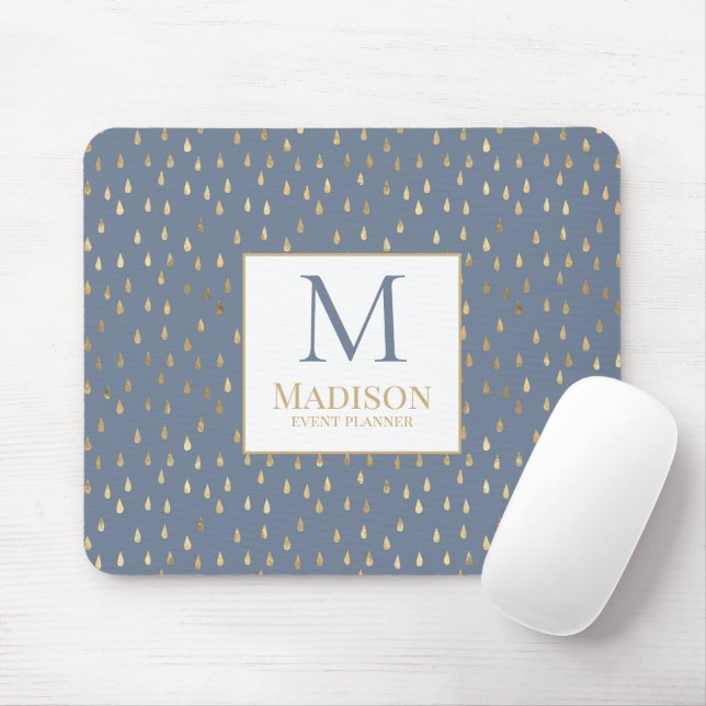 Blue Gold Raindrop Modern Trendy Monogram Mouse Mat (With Mouse)