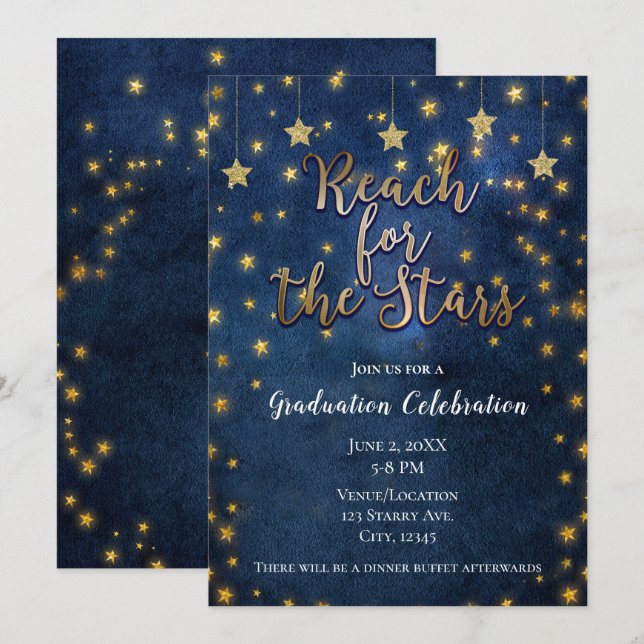 Blue Gold Reach for the Stars Celestial Graduation Invitation (Front/Back)