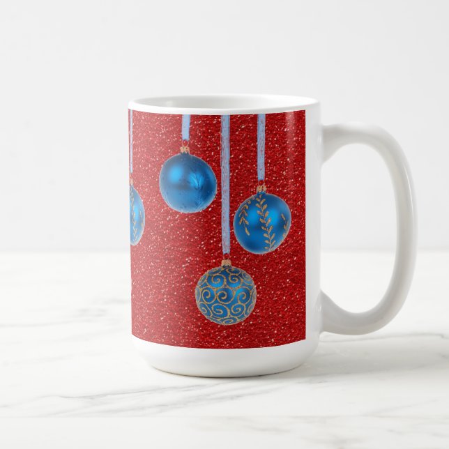 Blue Gold Red Glitter Merry Christmas Baubles Mug (Right)