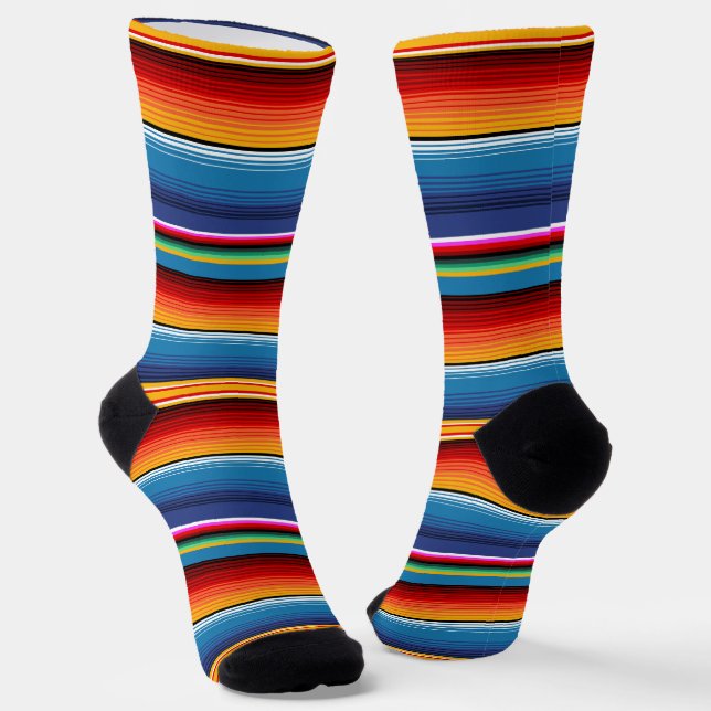 Blue Gold Red Mexican Sarape Socks (Angled)