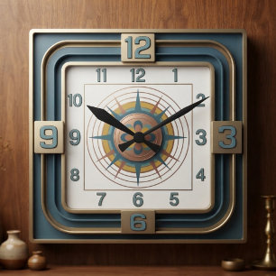 Blue & Gold Retro 1960s Atomic Mid-Century Modern Square Wall Clock