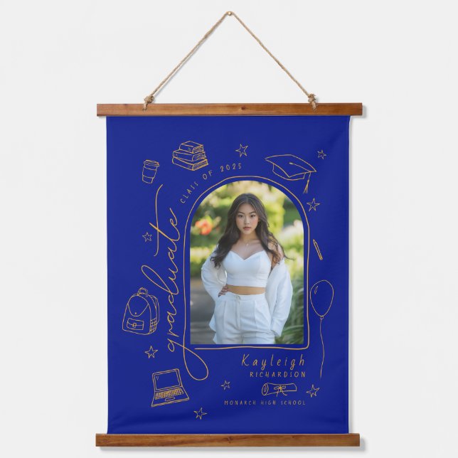 Blue Gold Retro Photo Graduation Keepsake Hanging Tapestry (Front)