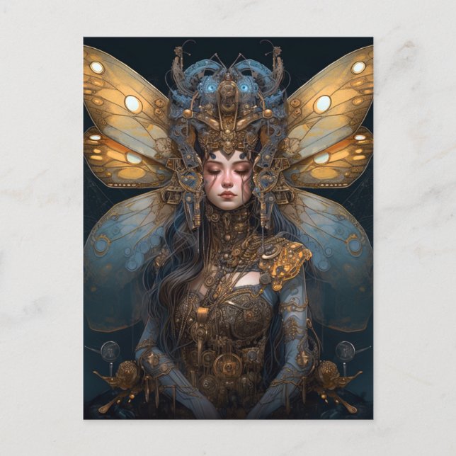 Blue Gold Robot Techno Fairy Fantasy Art Postcard (Front)