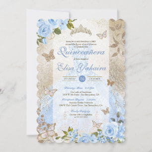 Blue Gold Rose Butterfly Glam Princess Quinceañera Invitation