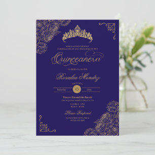 Blue & Gold Roses Elegant Quinceañera  Invitation