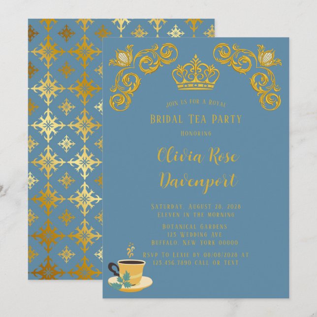 Blue & Gold Royal Crown Damask Bridal Tea Party Invitation (Front/Back)