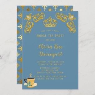 Blue & Gold Royal Crown Damask Bridal Tea Party Invitation