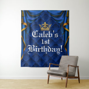 Blue & Gold Royal Elegant Birthday Party Backdrop Tapestry