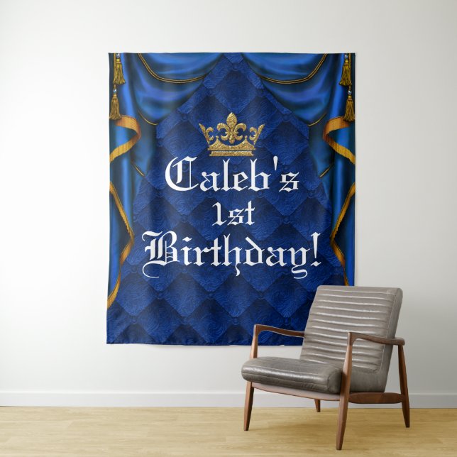 Blue & Gold Royal Elegant Birthday Party Backdrop Tapestry (In Situ)