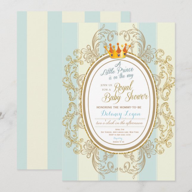 Blue Gold Royal Prince Baby Shower Invitations (Front/Back)