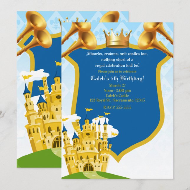 Blue & Gold Royal Prince Castle Birthday Party Invitation (Front/Back)