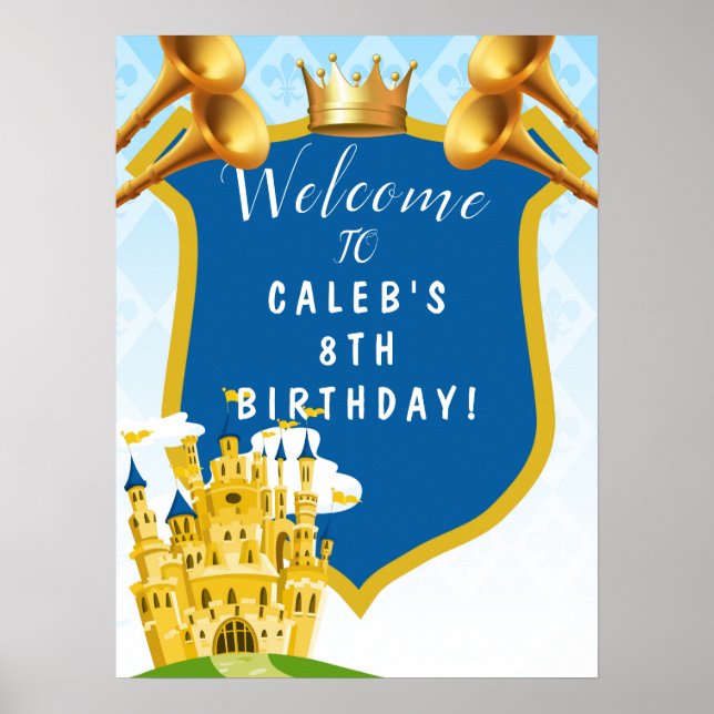 Blue Gold Royal Prince Castle Birthday Party Sign (Front)