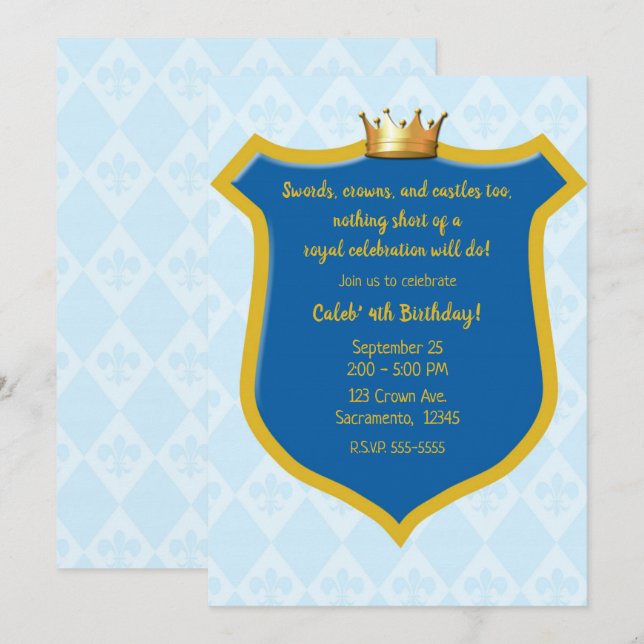Blue & Gold Royal Shield & Crown Prince Party Invitation (Front/Back)