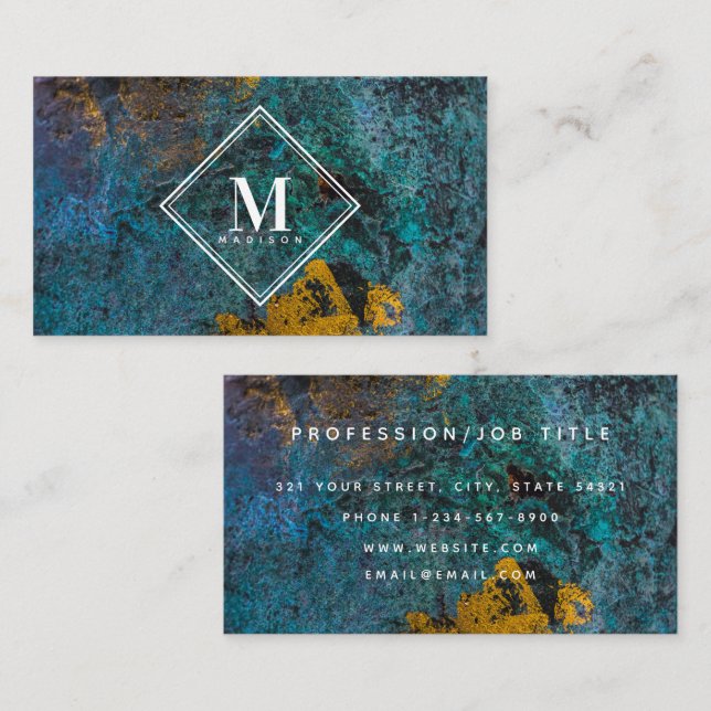 Blue Gold Rust Metallic Texture Monogram Initial Business Card (Front/Back)