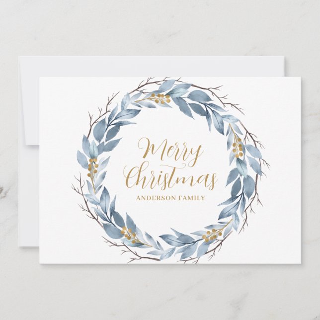 Blue Gold Rustic Personalised Christmas  Holiday Card (Front)