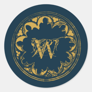Blue & Gold Rustic Vintage Distressed Monogram Classic Round Sticker