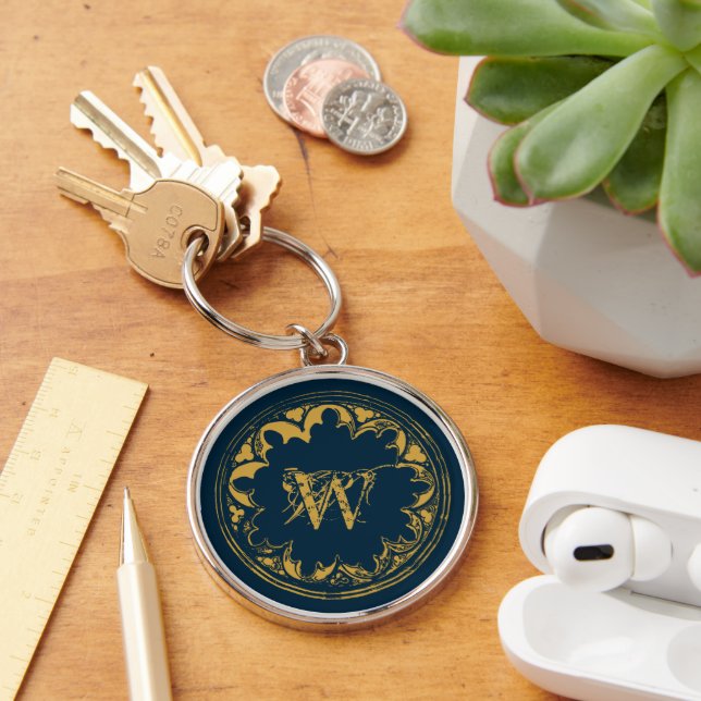Blue & Gold Rustic Vintage Distressed Monogram Key Ring (Desk)