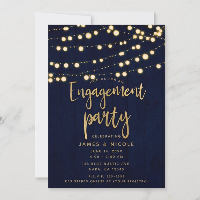 Blue Gold Rustic Wood & Lights Engagement Party Invitation (Front)
