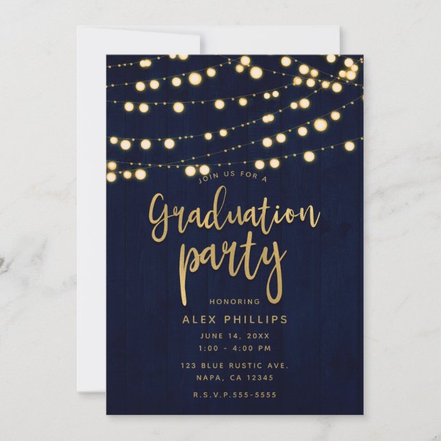 Blue Gold Rustic Wood & Lights Graduation Party Invitation (Front)